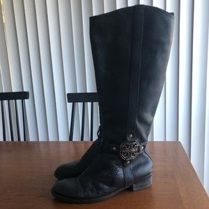 Tory Burch Tall Leather Black Boots with Gold Logo